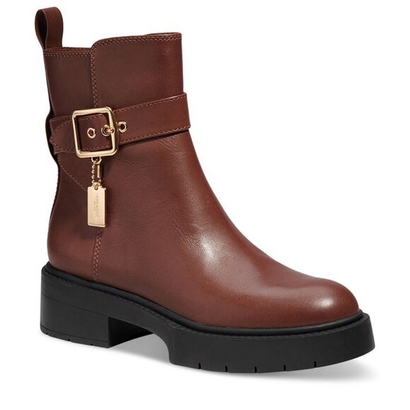 $350 COACH Lacey Bootie BUCKLED CHUNKY LEATHER BROWN GOLD HARDWARE 9 (MF6) - Picture 1 of 8